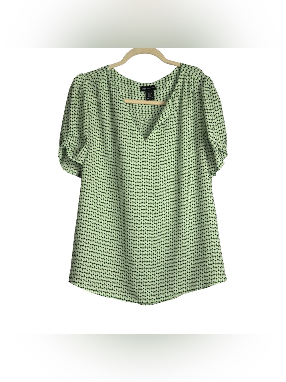 Jones New York Green Geometric Blouse V-Neck Puff Short Sleeve Top XL